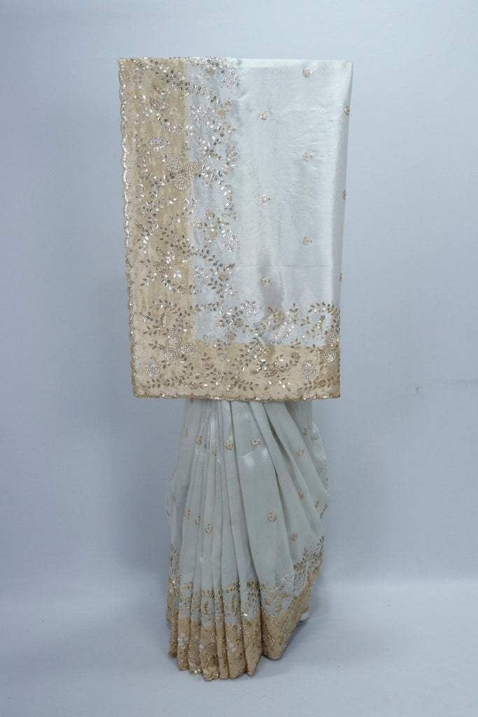 Ivory White Satin Organza Saree with Gold Sequin Embroidery and Velvet Border Pallu - Mangaldeep NX