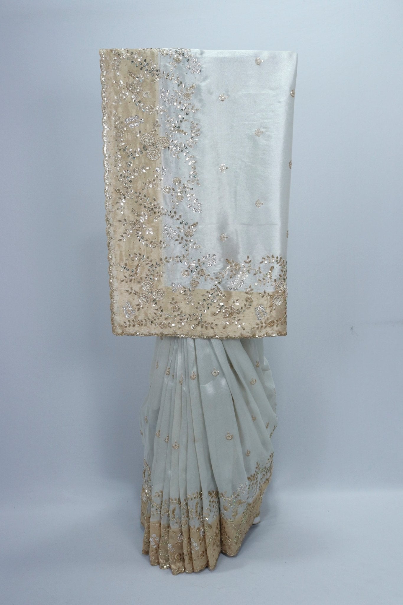 Ivory White Satin Organza Saree with Gold Sequin Embroidery and Velvet Border Pallu - Mangaldeep NX
