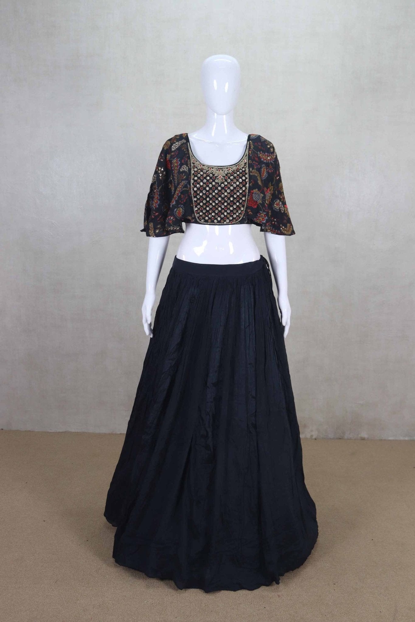 Latest Black Mirror Work Blouse with Flared Lehenga - Mangaldeep NX