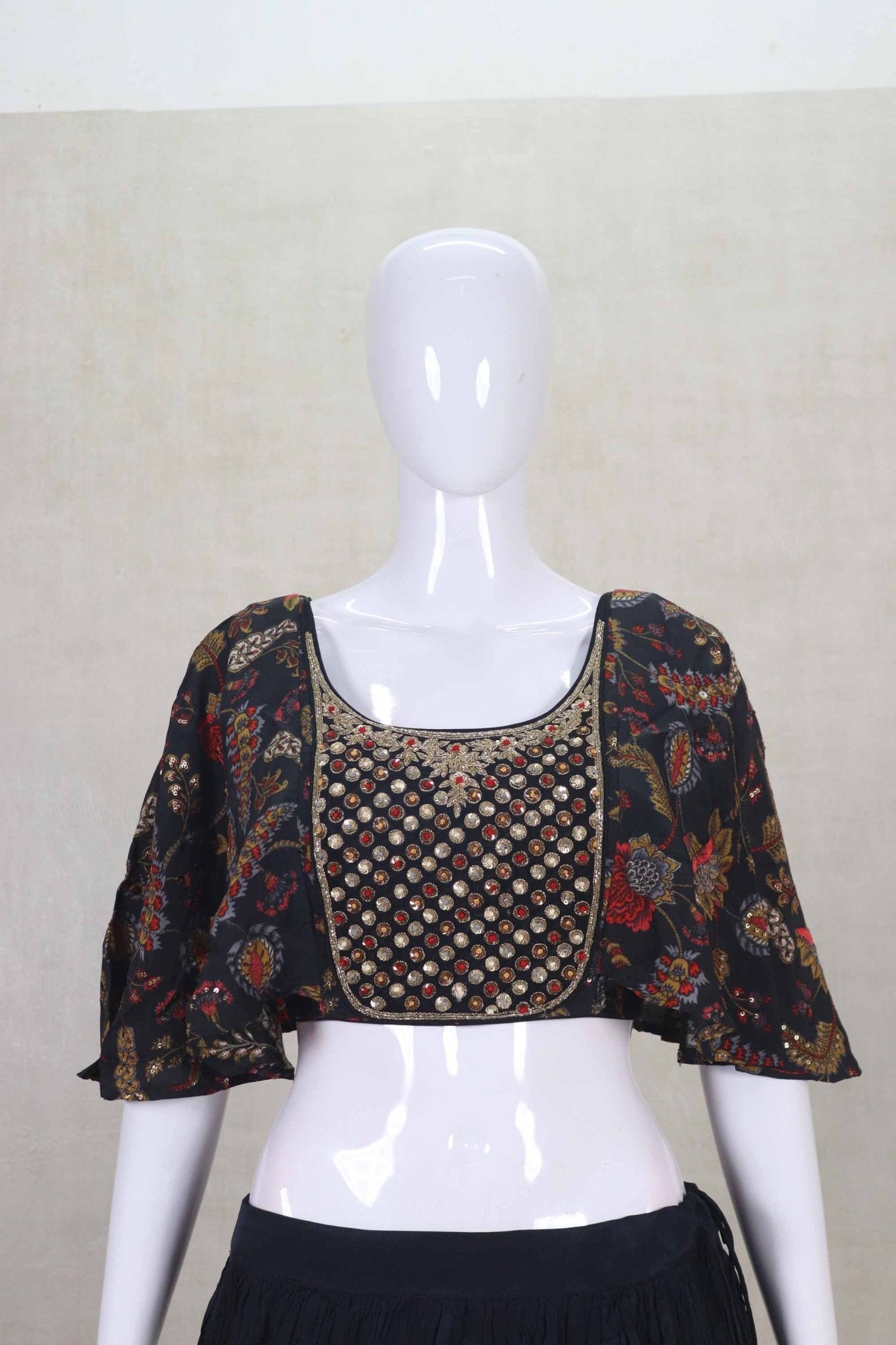 Latest Black Mirror Work Blouse with Flared Lehenga - Mangaldeep NX