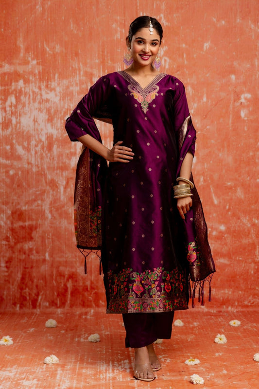 Latest Purple Cotton Silk Readymade Salwar Suit with Jacquard Work - Mangaldeep NX