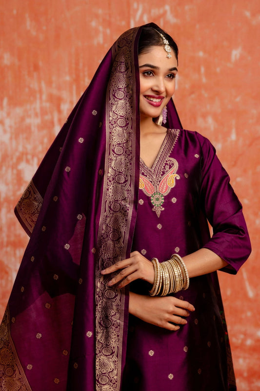 Latest Purple Cotton Silk Readymade Salwar Suit with Jacquard Work - Mangaldeep NX