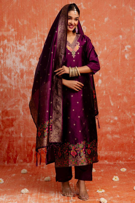 Latest Purple Cotton Silk Readymade Salwar Suit with Jacquard Work - Mangaldeep NX