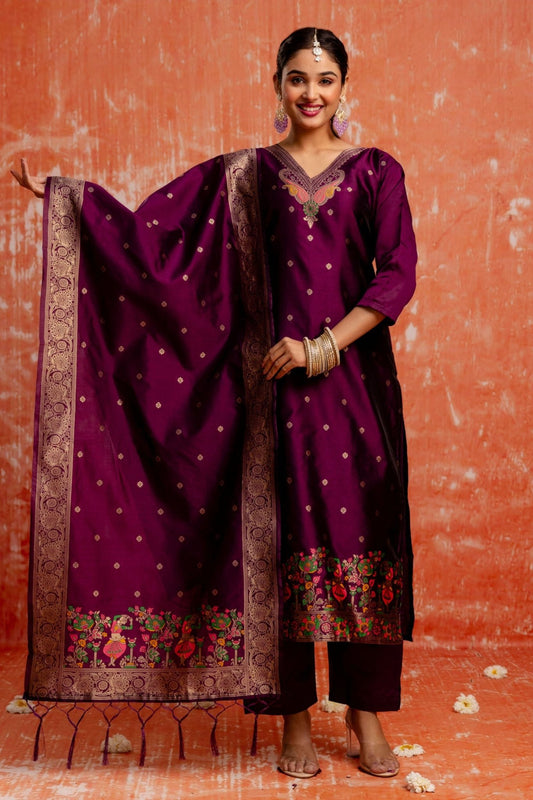 Latest Purple Cotton Silk Readymade Salwar Suit with Jacquard Work - Mangaldeep NX