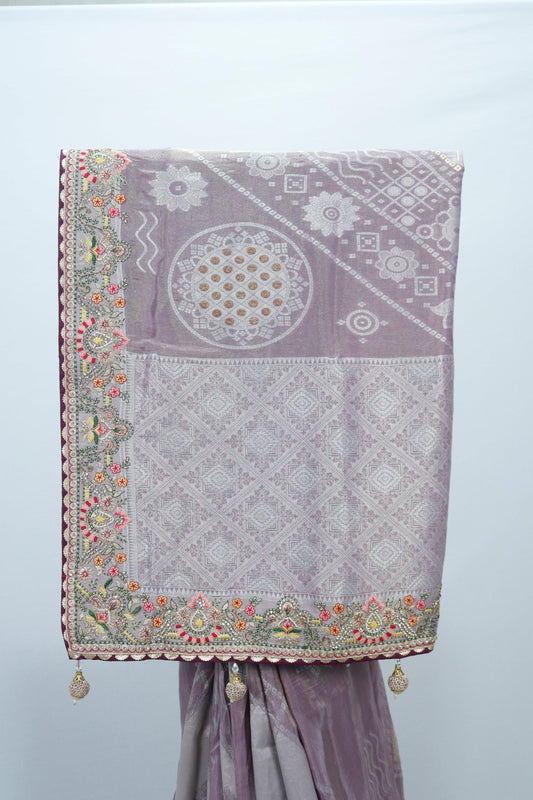 Lavender Banarasi Silk Saree with Silver Zari Weaving and Multicolor Embroidered Border - Mangaldeep NX