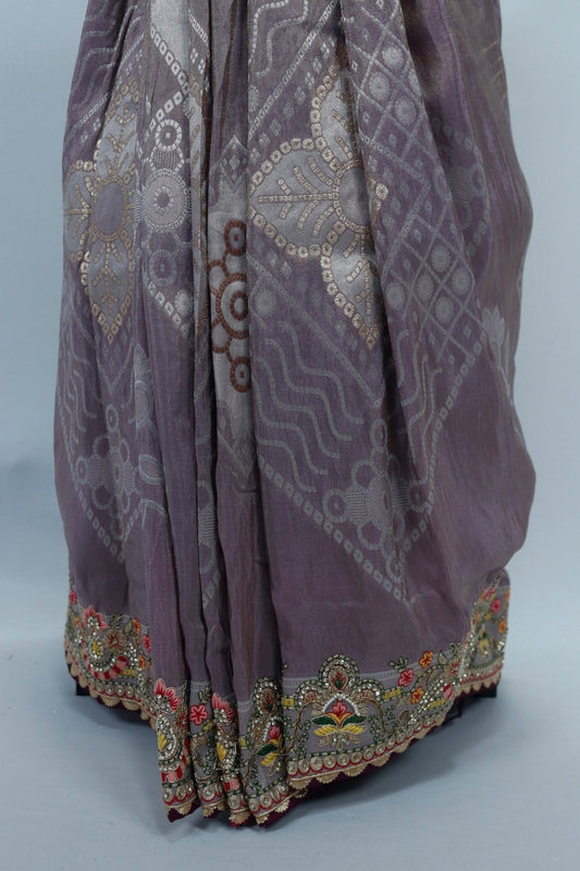 Lavender Banarasi Silk Saree with Silver Zari Weaving and Multicolor Embroidered Border - Mangaldeep NX
