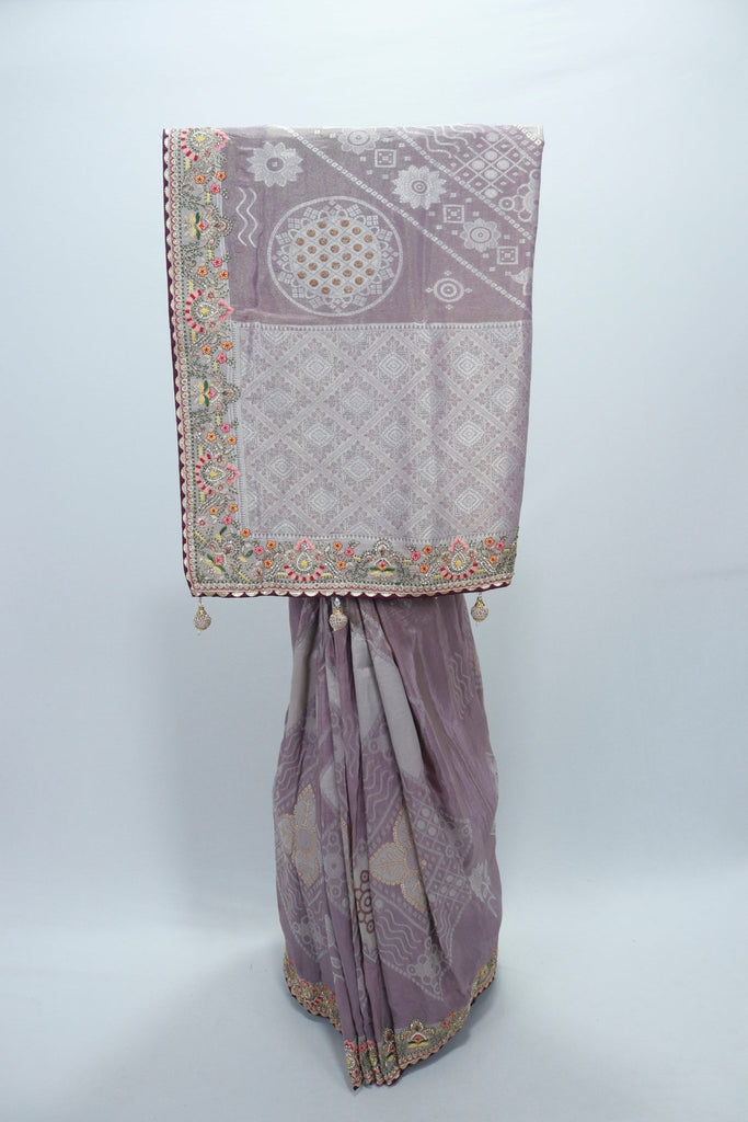 Lavender Banarasi Silk Saree with Silver Zari Weaving and Multicolor Embroidered Border - Mangaldeep NX