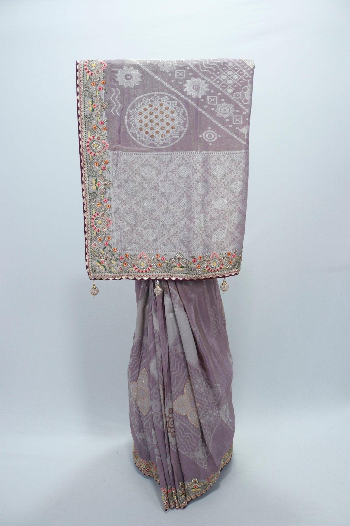 Lavender Banarasi Silk Saree with Silver Zari Weaving and Multicolor Embroidered Border - Mangaldeep NX
