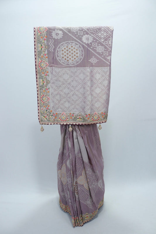 Lavender Banarasi Silk Saree with Silver Zari Weaving and Multicolor Embroidered Border - Mangaldeep NX