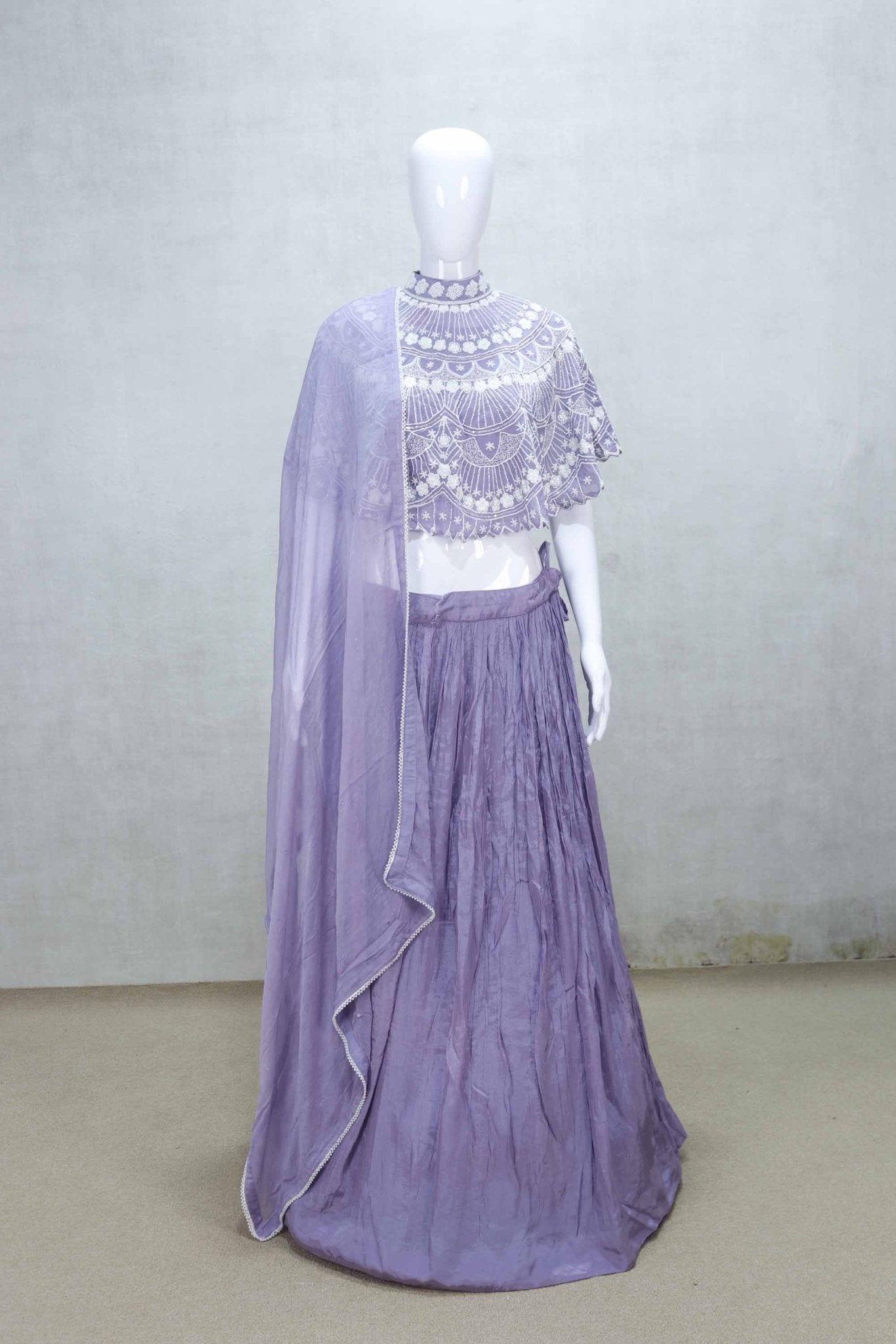 Lavender Cape Style Embroidered Lehenga Set with Net Dupatta - Mangaldeep NX