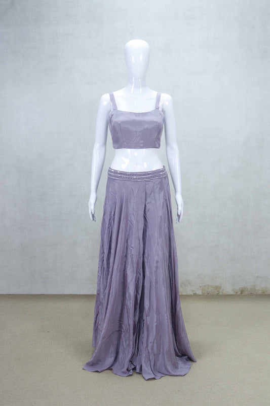 Lavender Embellished Cape Style Crop Top with Flared Palazzo Pants Set - Mangaldeep NX