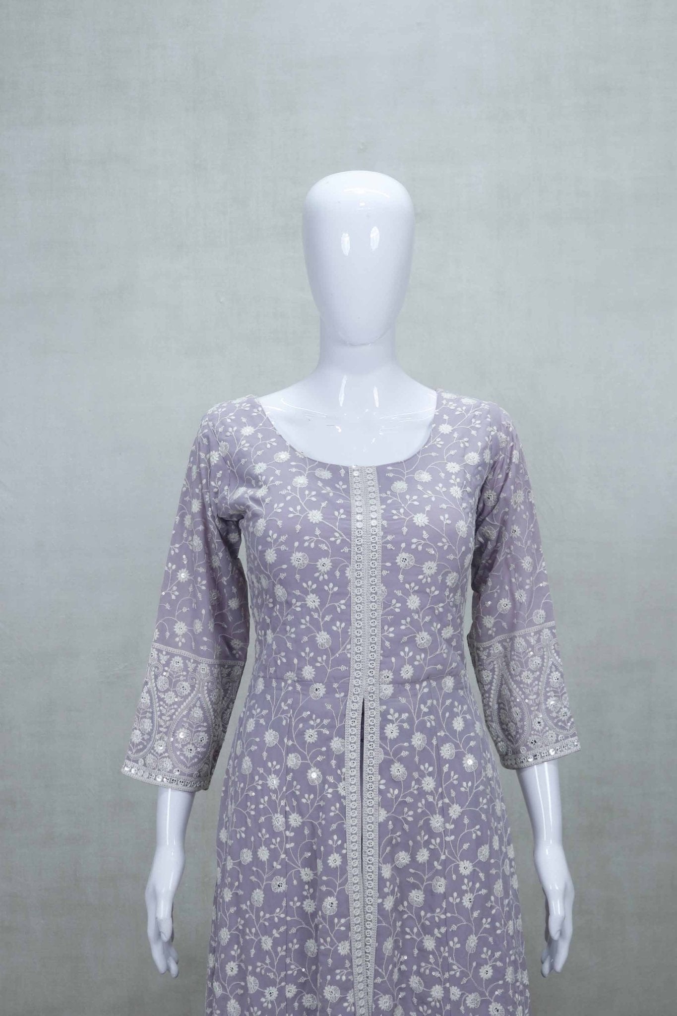 Lavender Embroidered Anarkali Kurta with Palazzo Pants and Dupatta Set - Mangaldeep NX