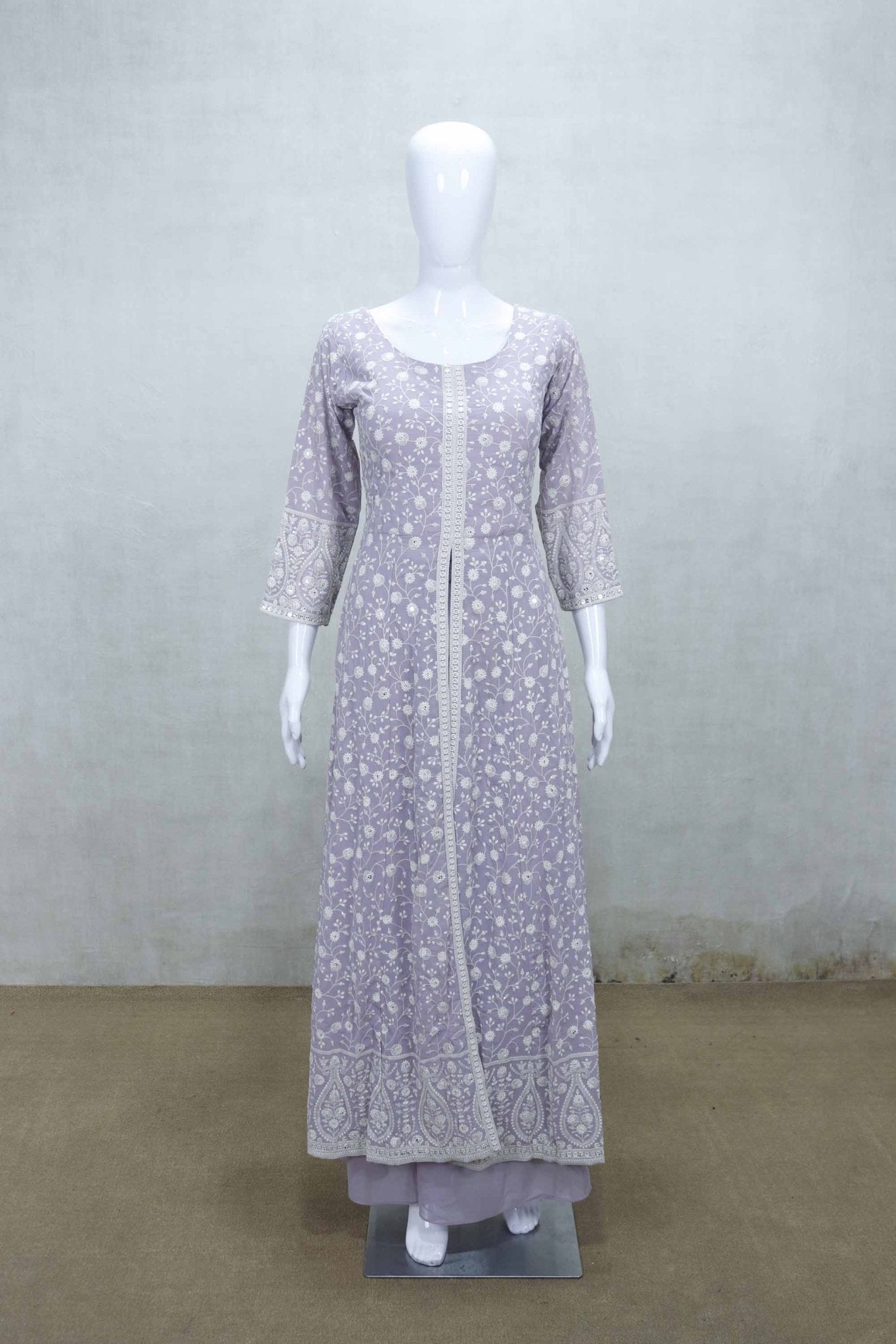 Lavender Embroidered Anarkali Kurta with Palazzo Pants and Dupatta Set - Mangaldeep NX