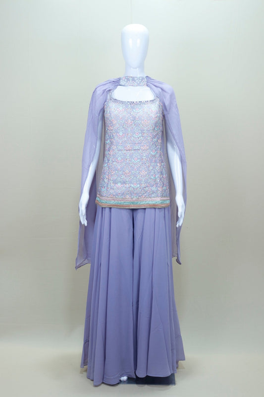 Lavender Embroidered Georgette Sharara Suit with Matching Dupatta - Mangaldeep NX