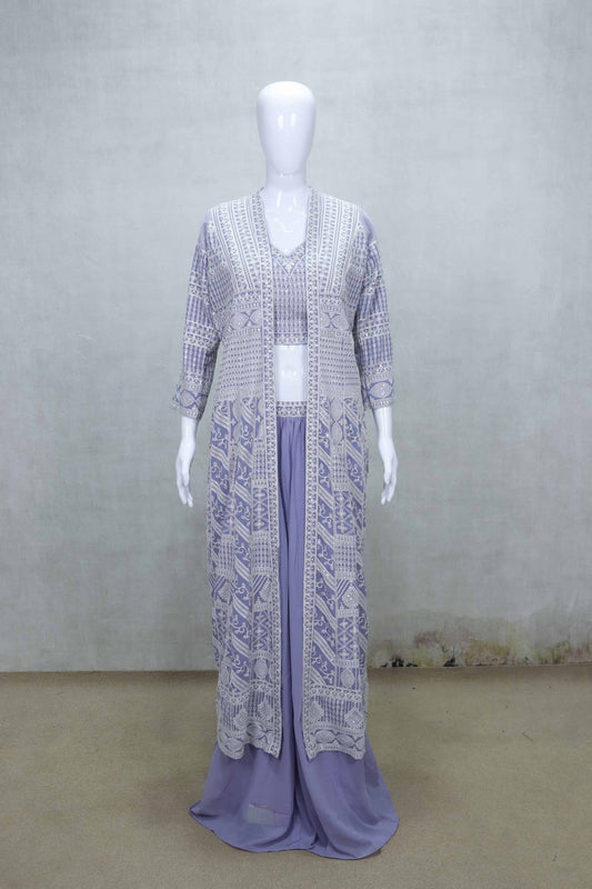 Lavender Embroidered Georgette Three - Piece Palazzo Set with Long Jacket and Crop Top - Mangaldeep NX
