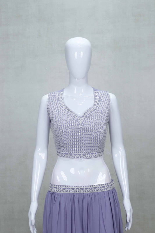 Lavender Embroidered Georgette Three - Piece Palazzo Set with Long Jacket and Crop Top - Mangaldeep NX