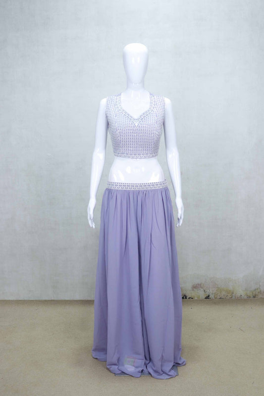 Lavender Embroidered Georgette Three - Piece Palazzo Set with Long Jacket and Crop Top - Mangaldeep NX