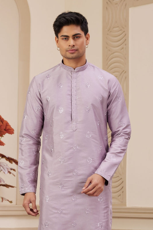 Lavender Embroidered Kurta with White Churidar Pants for Men - Mangaldeep NX