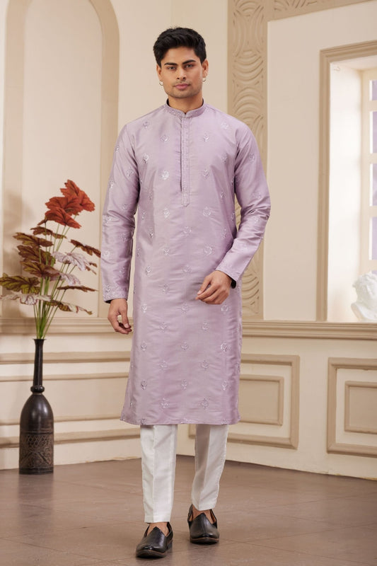 Lavender Embroidered Kurta with White Churidar Pants for Men - Mangaldeep NX