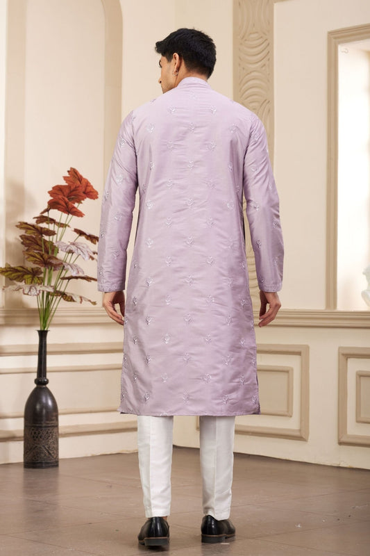 Lavender Embroidered Kurta with White Churidar Pants for Men - Mangaldeep NX