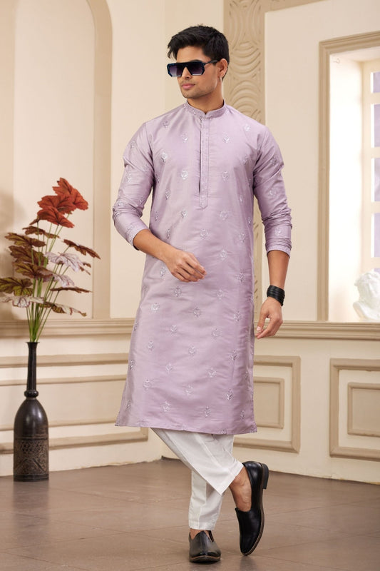 Lavender Embroidered Kurta with White Churidar Pants for Men - Mangaldeep NX