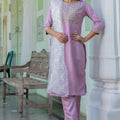 Lavender Embroidered Pant Style Salwar with White Net Dupatta - Mangaldeep NX
