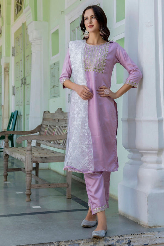 Lavender Embroidered Pant Style Salwar with White Net Dupatta - Mangaldeep NX