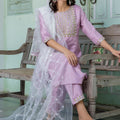 Lavender Embroidered Pant Style Salwar with White Net Dupatta - Mangaldeep NX