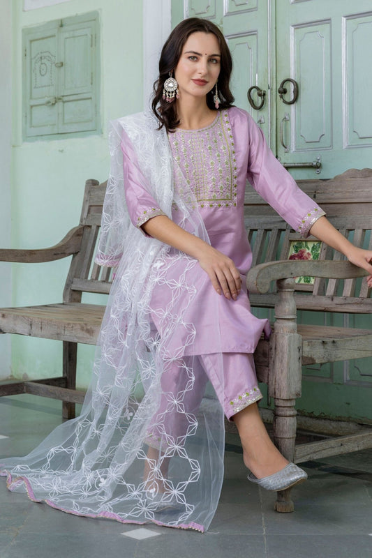Lavender Embroidered Pant Style Salwar with White Net Dupatta - Mangaldeep NX