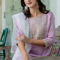 Lavender Embroidered Pant Style Salwar with White Net Dupatta - Mangaldeep NX