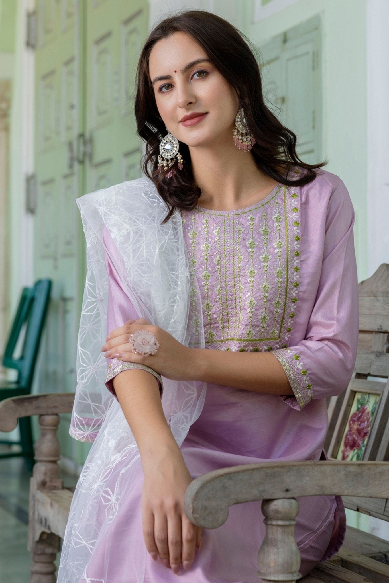 Lavender Embroidered Pant Style Salwar with White Net Dupatta - Mangaldeep NX
