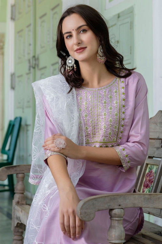 Lavender Embroidered Pant Style Salwar with White Net Dupatta - Mangaldeep NX