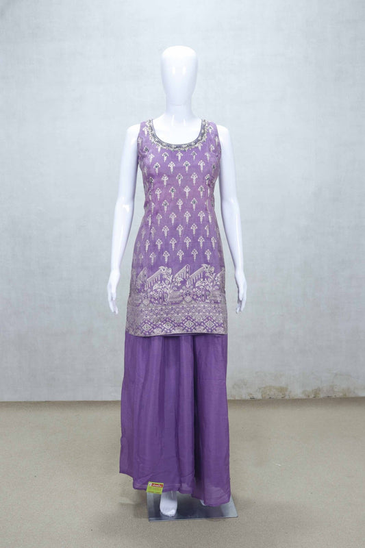 Lavender Embroidered Readymade Sharara Set with Net Dupatta - Mangaldeep NX