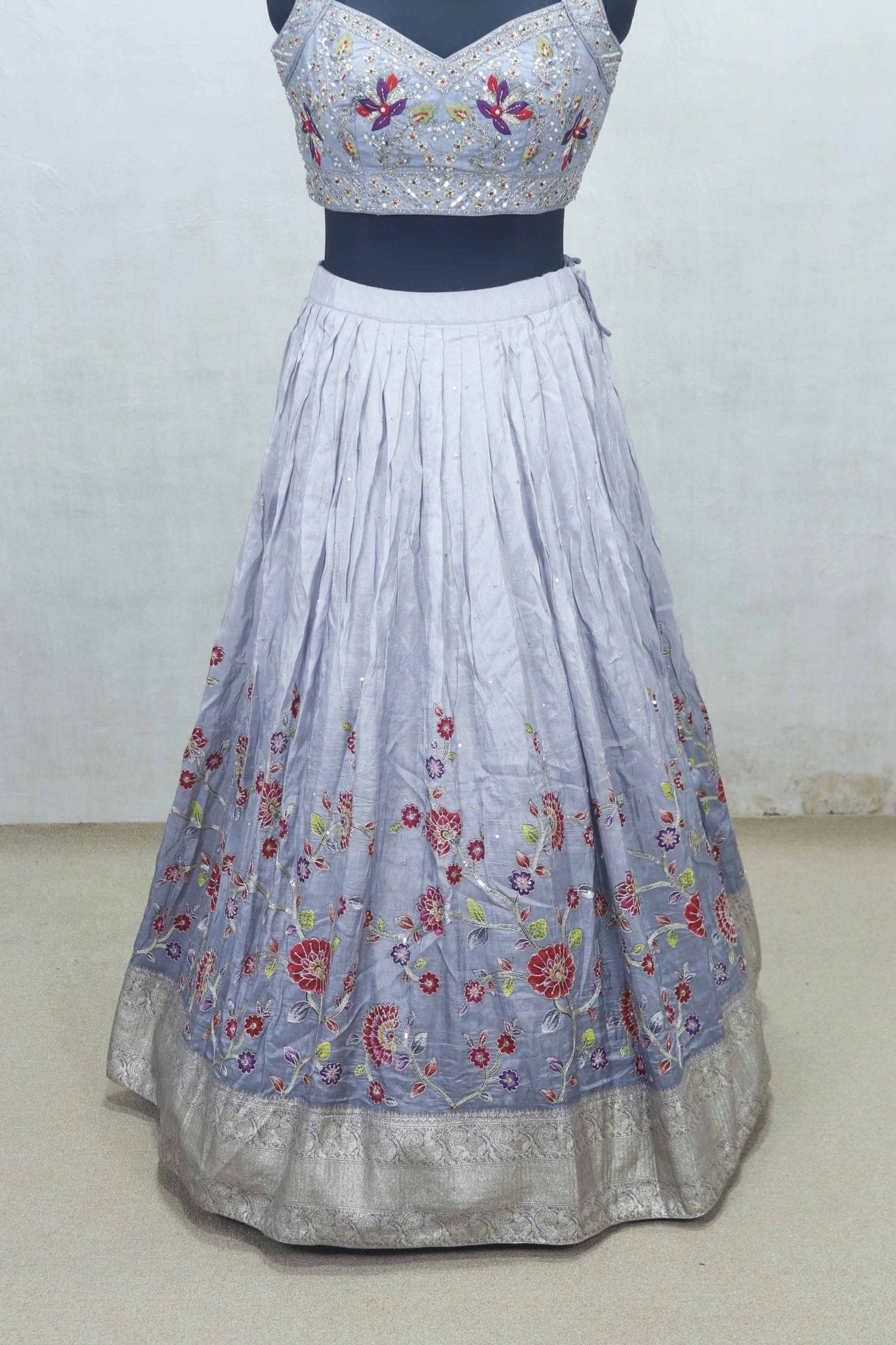 Lavender Embroidered Silk Lehenga Choli with Floral Thread Work and Blue Net Dupatta - Mangaldeep NX