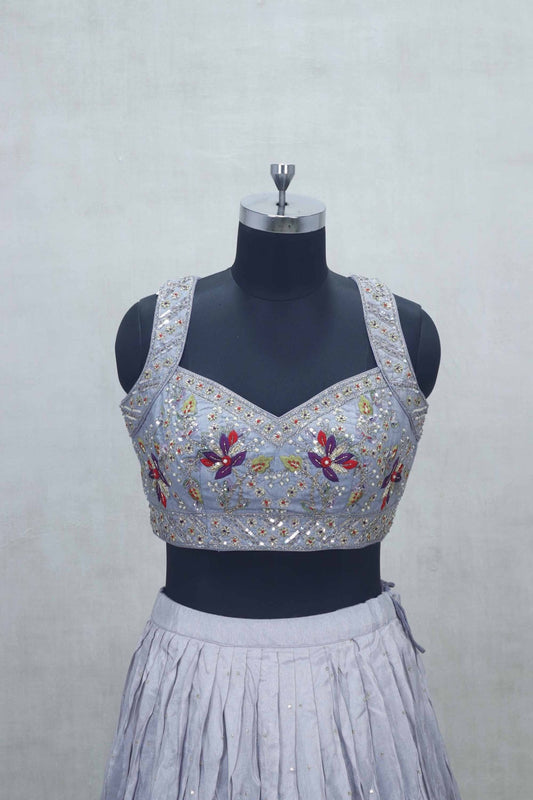 Lavender Embroidered Silk Lehenga Choli with Floral Thread Work and Blue Net Dupatta - Mangaldeep NX