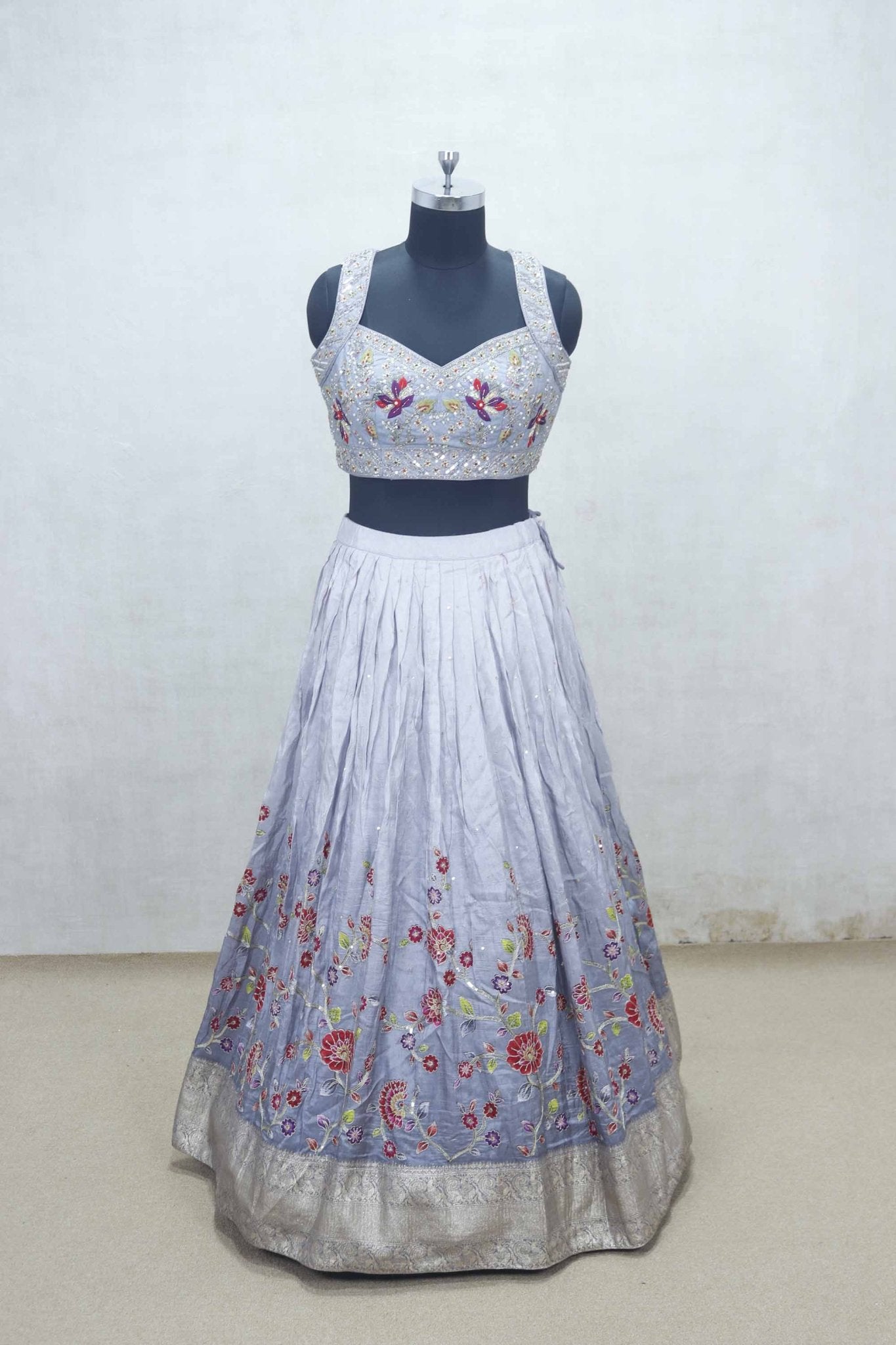 Lavender Embroidered Silk Lehenga Choli with Floral Thread Work and Blue Net Dupatta - Mangaldeep NX
