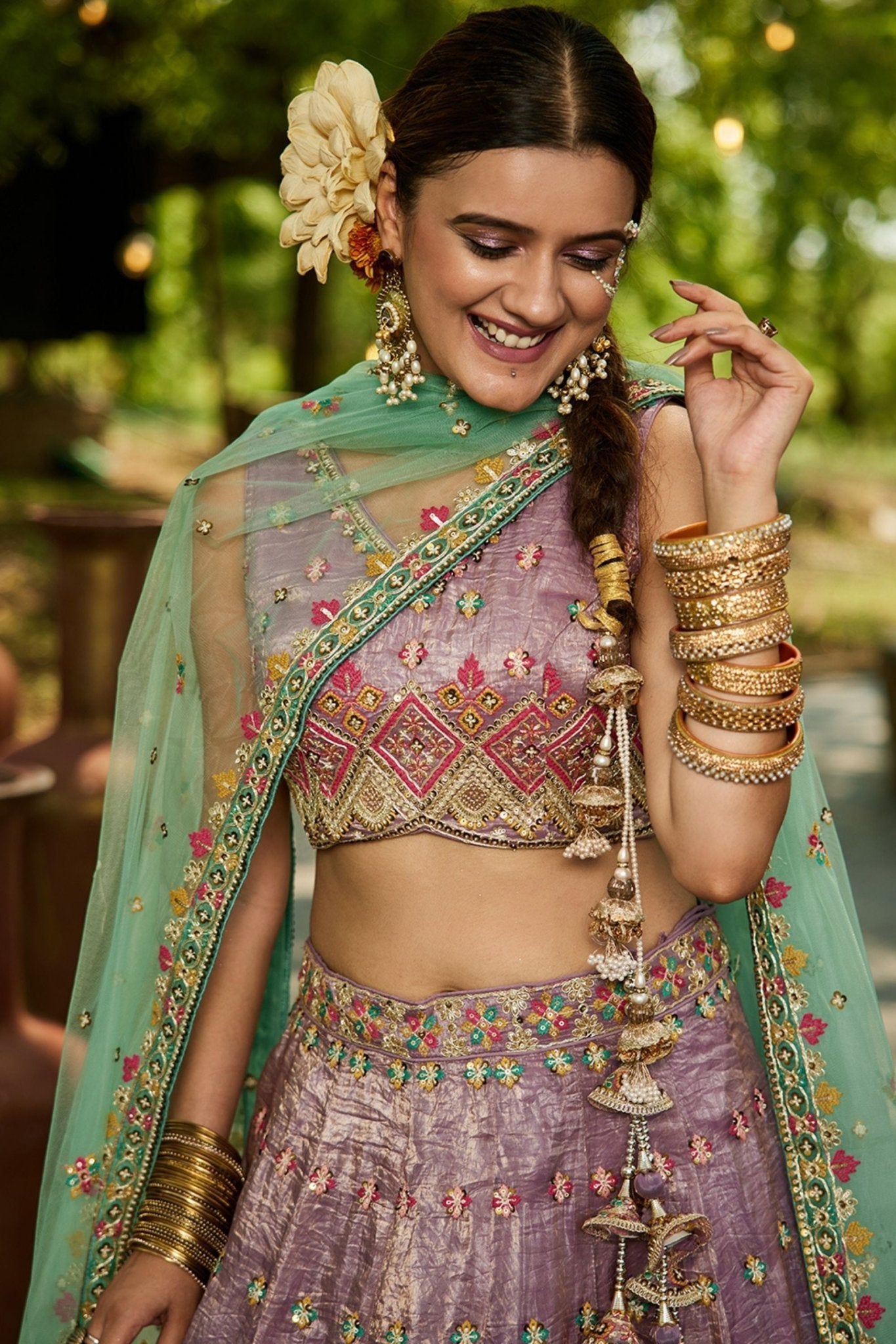 Lavender Embroidered Silk Lehenga Choli with Mirror Work and Mint Green Dupatta - Mangaldeep NX