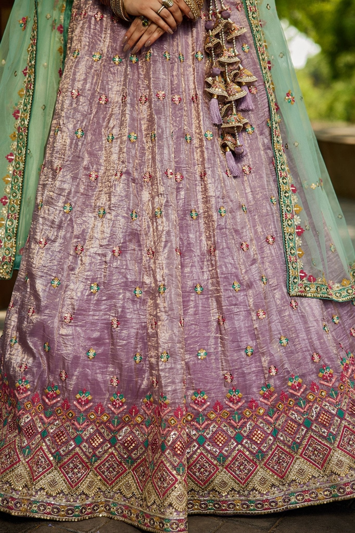 Lavender Embroidered Silk Lehenga Choli with Mirror Work and Mint Green Dupatta - Mangaldeep NX