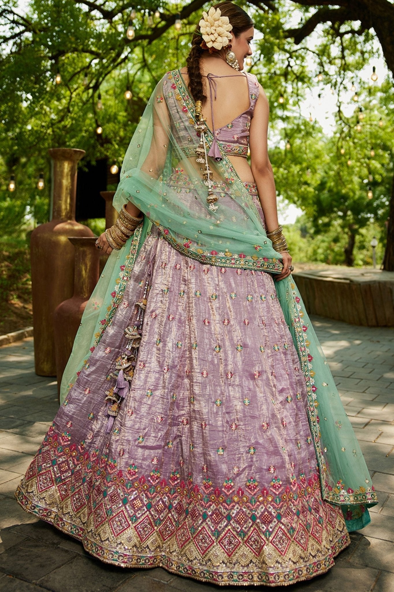 Lavender Embroidered Silk Lehenga Choli with Mirror Work and Mint Green Dupatta - Mangaldeep NX