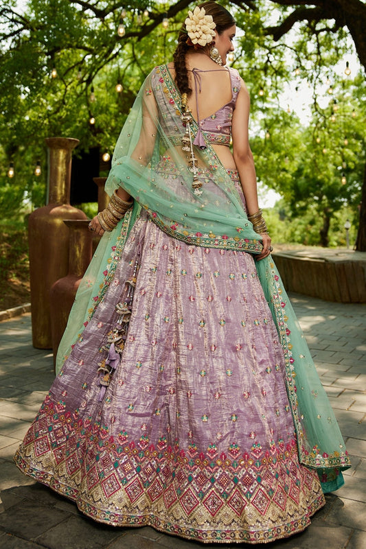 Lavender Embroidered Silk Lehenga Choli with Mirror Work and Mint Green Dupatta - Mangaldeep NX