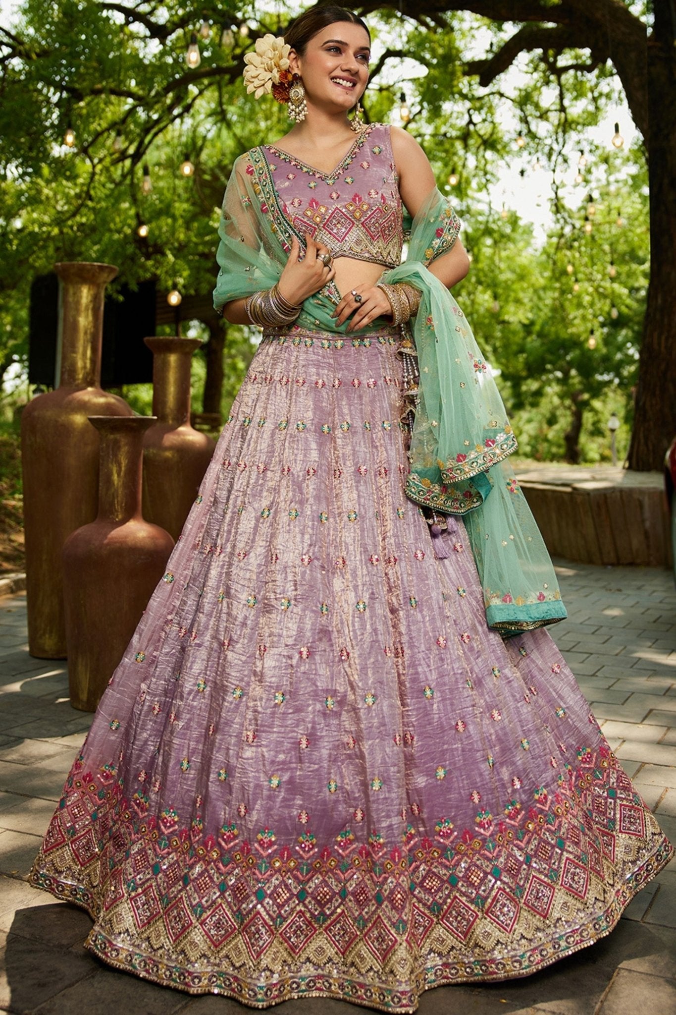 Lavender Embroidered Silk Lehenga Choli with Mirror Work and Mint Green Dupatta - Mangaldeep NX