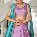Lavender Embroidered Silk Lehenga Choli with Multicolor Thread Work and Teal Dupatta - Mangaldeep NX