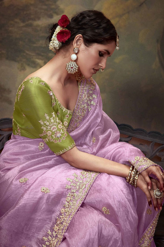 Lavender Embroidered Silk Saree with Floral Sequin Border and Olive Green Blouse - Mangaldeep NX
