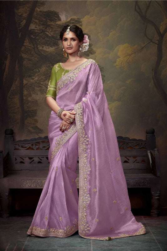 Lavender Embroidered Silk Saree with Floral Sequin Border and Olive Green Blouse - Mangaldeep NX