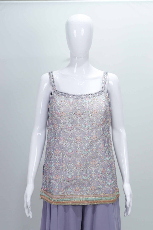 Lavender Embroidered Sleeveless Kurta Palazzo Set with Sequin Accents and Matching Dupatta - Mangaldeep NX
