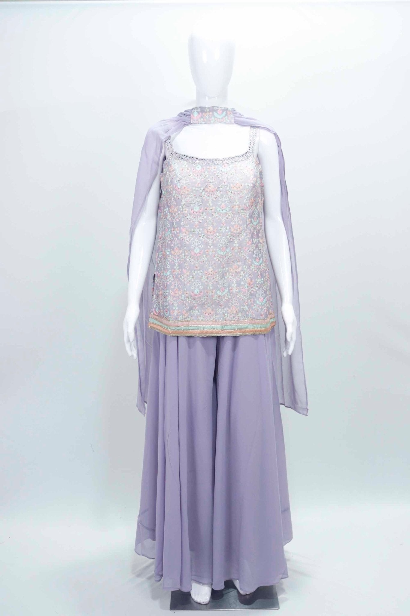 Lavender Embroidered Sleeveless Kurta Palazzo Set with Sequin Accents and Matching Dupatta - Mangaldeep NX