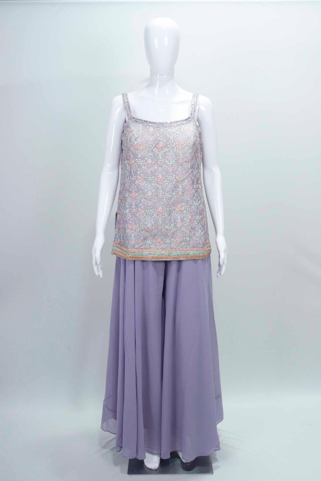 Lavender Embroidered Sleeveless Kurta Palazzo Set with Sequin Accents and Matching Dupatta - Mangaldeep NX