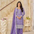 Lavender Embroidered Straight Salwar Suit with Matching Dupatta - Mangaldeep NX