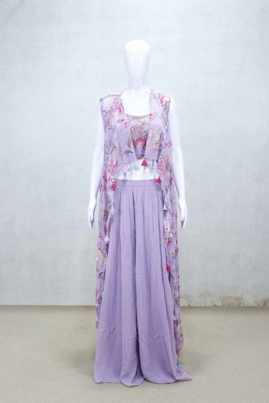 Lavender Floral Embroidered Crop Top and Palazzo Set with Sheer Cape - Mangaldeep NX