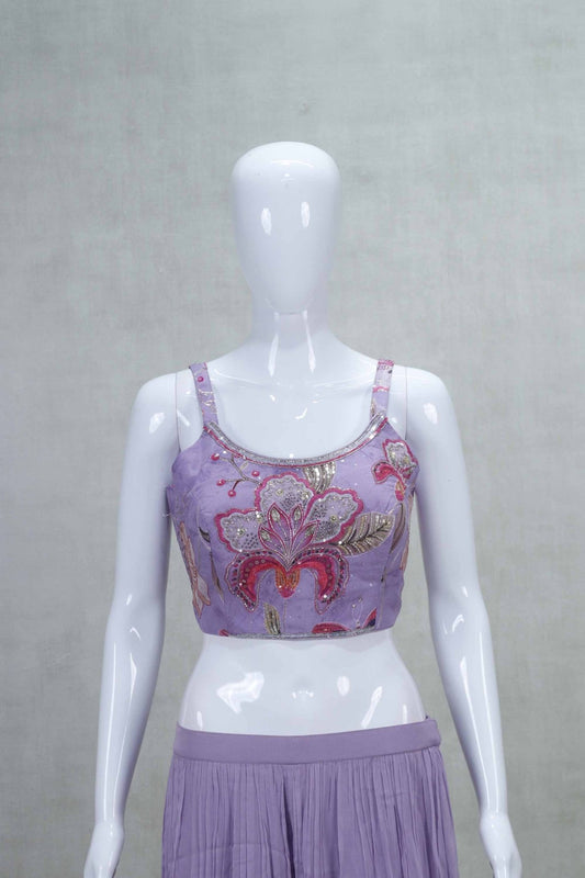 Lavender Floral Embroidered Crop Top and Palazzo Set with Sheer Cape - Mangaldeep NX